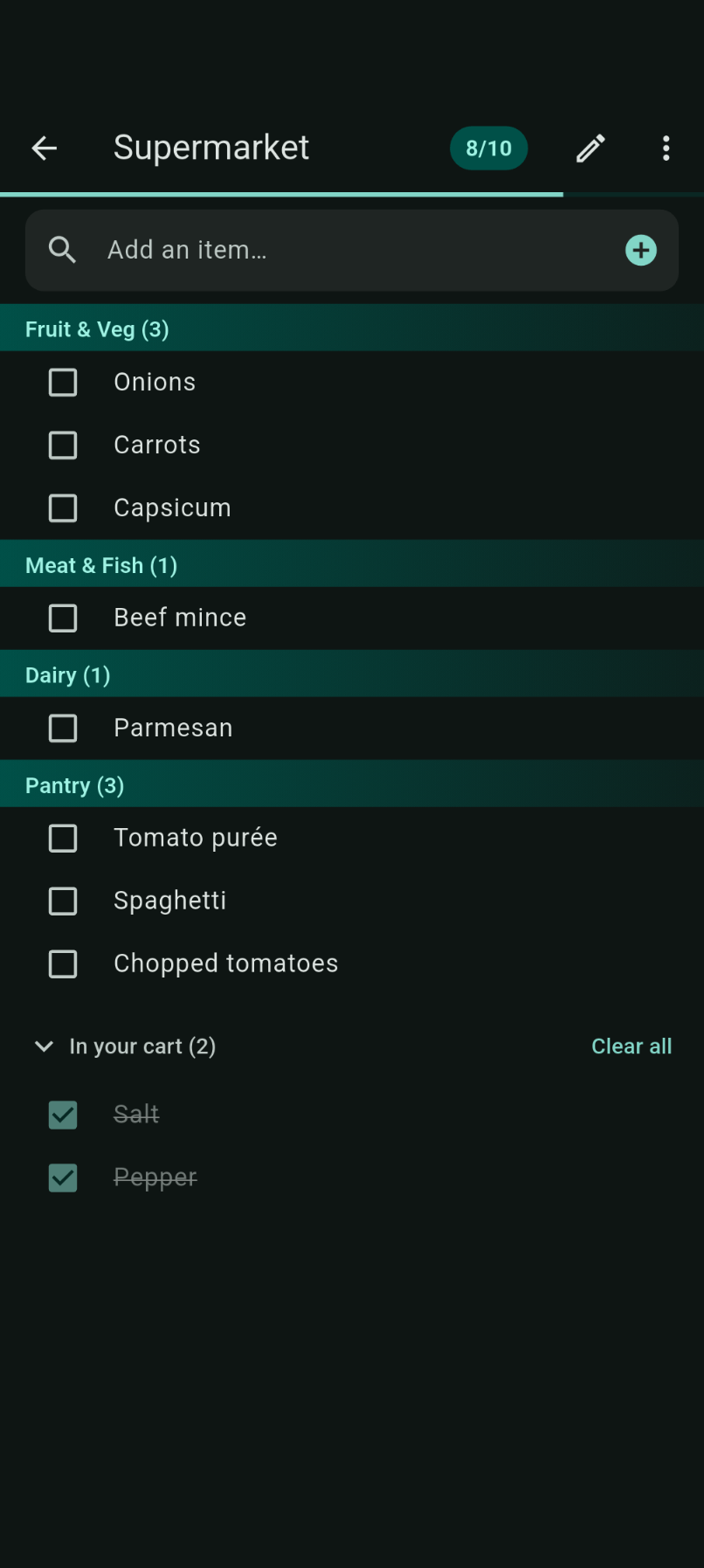 List Pilot shopping list in dark mode